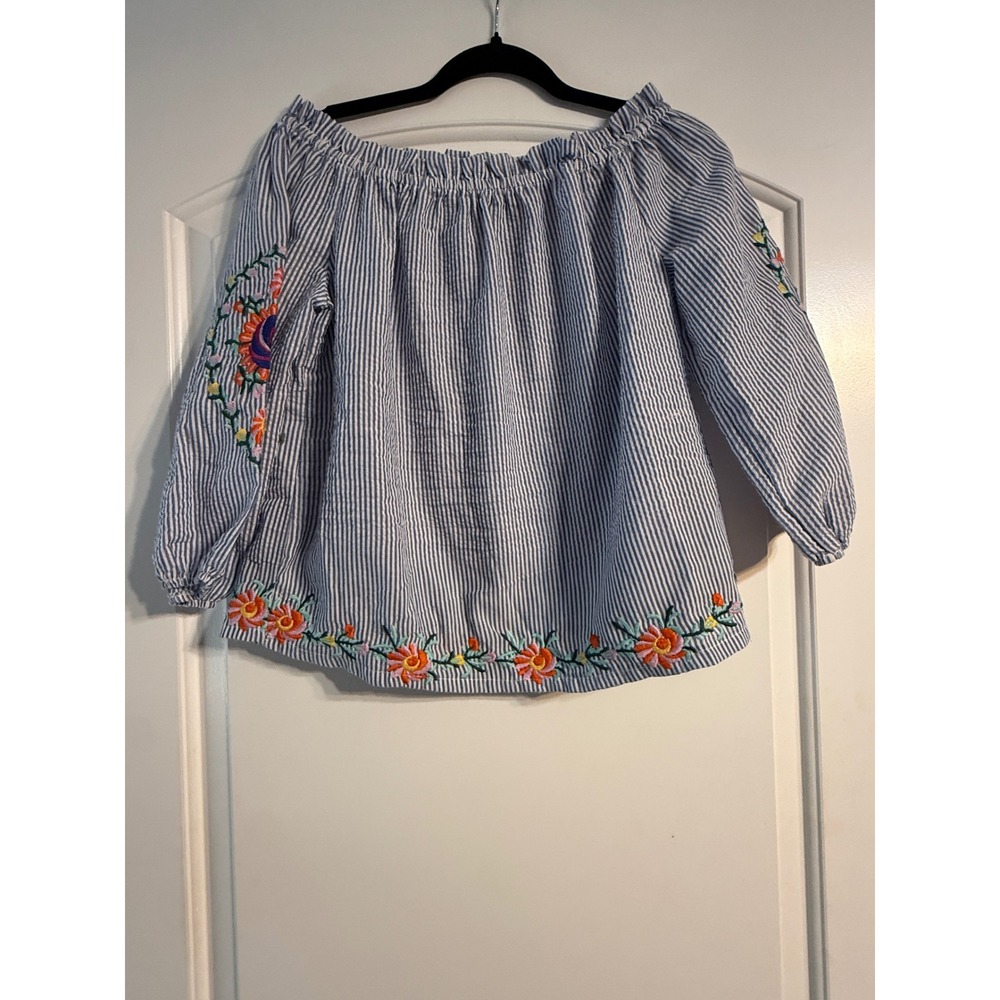 Solitaire Embroidered Blouse M Blue Striped Boho Off Shoulder Cottagecore Chic